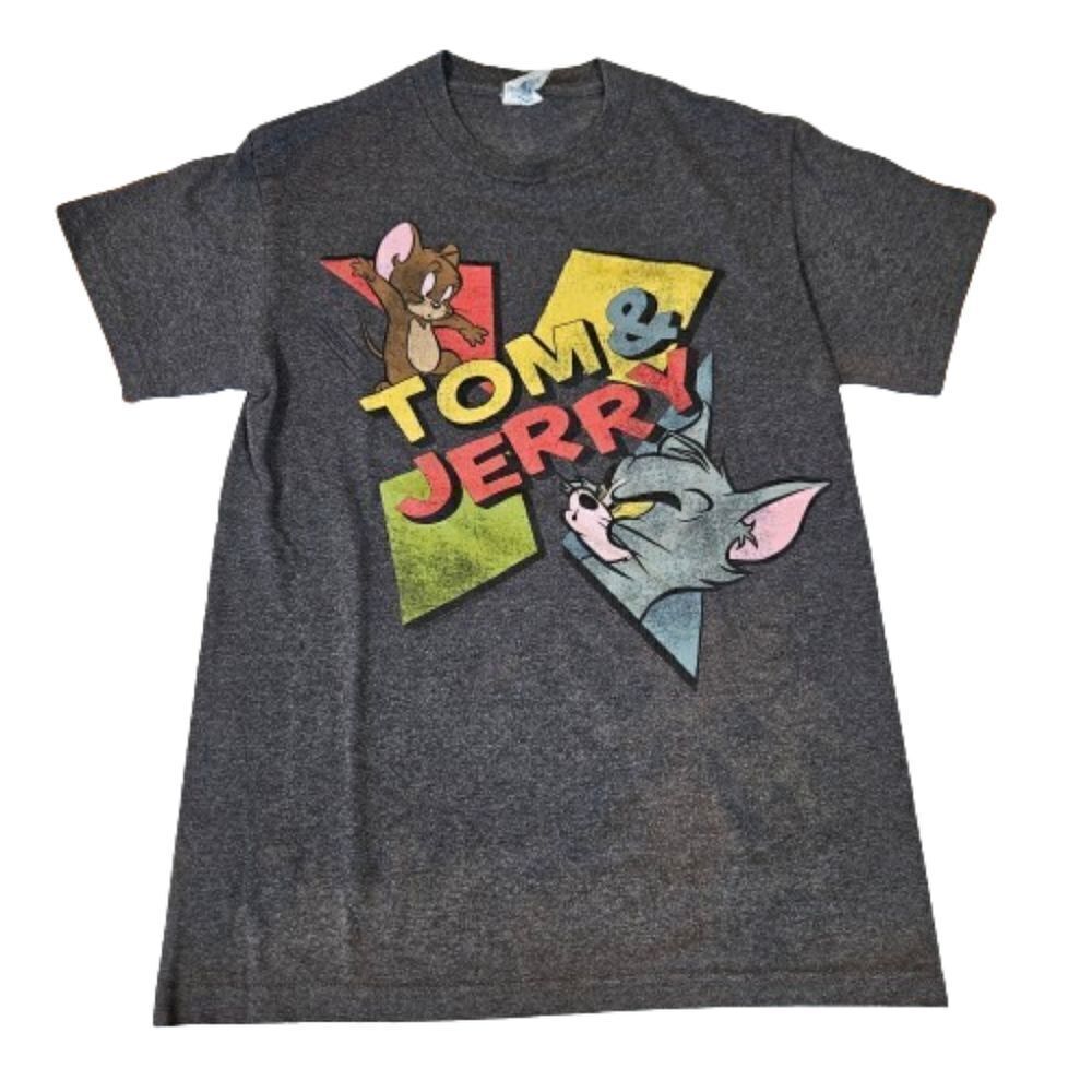 Tom & Jerry Hanna Barbera Retro Old School Grey Graphic Short Sleeve T-Shirt S
